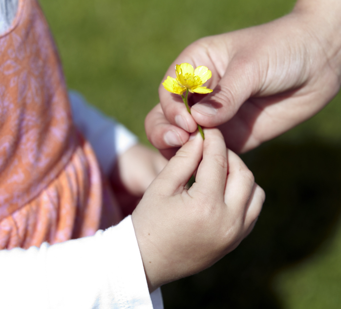 Voksen og barn holder om en plukket blomst